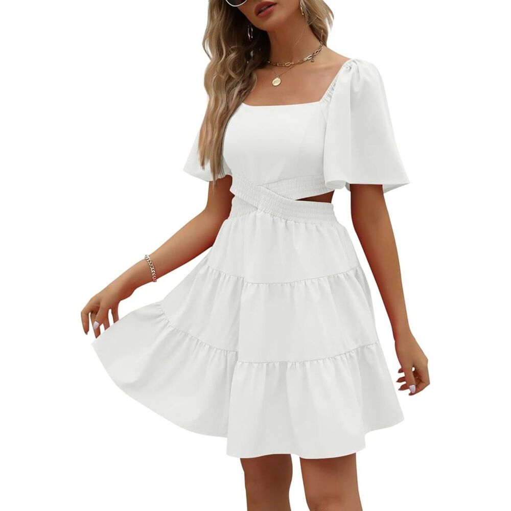 White Cutout Ruffle Mini Sundress S Rayon Smock Tier Flutter Boho Resort Bridal - Picture 11 of 11